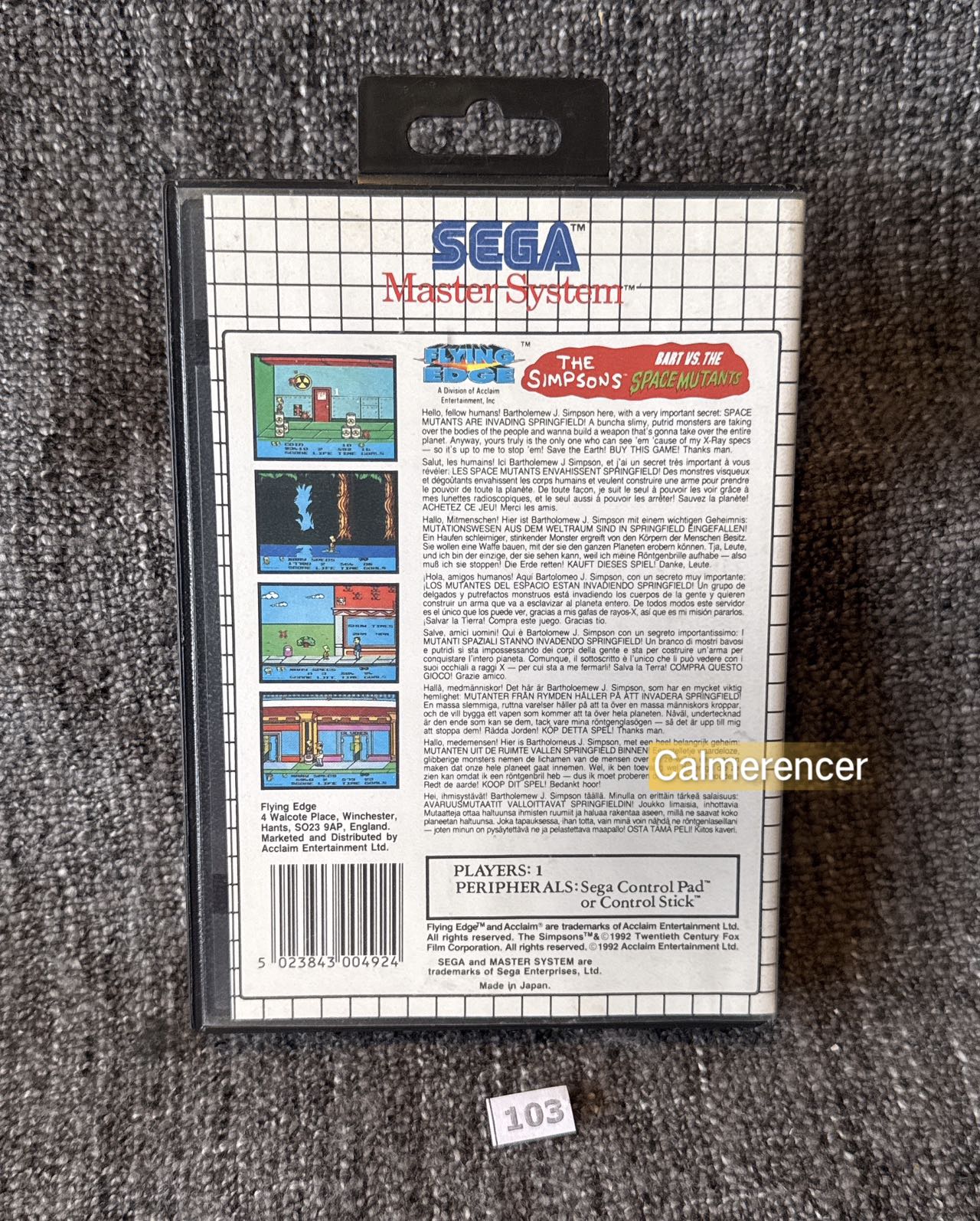 The Simpsons Bart Vs. The Space Mutants Game - Sega Master System